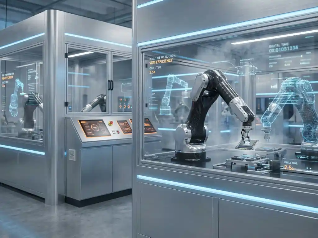 Modern factory floor with automated robotic arms assembling components, holographic data displays, and blue ambient lighting.