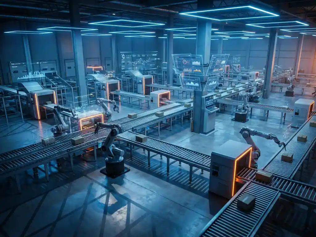 Modern automated warehouse with robotic arms, conveyor belts, and digital control screens under blue LED lighting