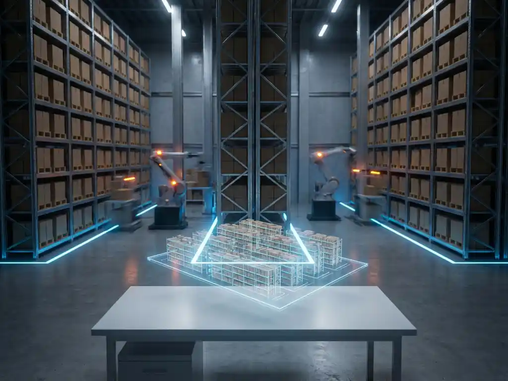 Modern automated warehouse with holographic 3D layout display above workstation, robotic arms moving packages on storage racks