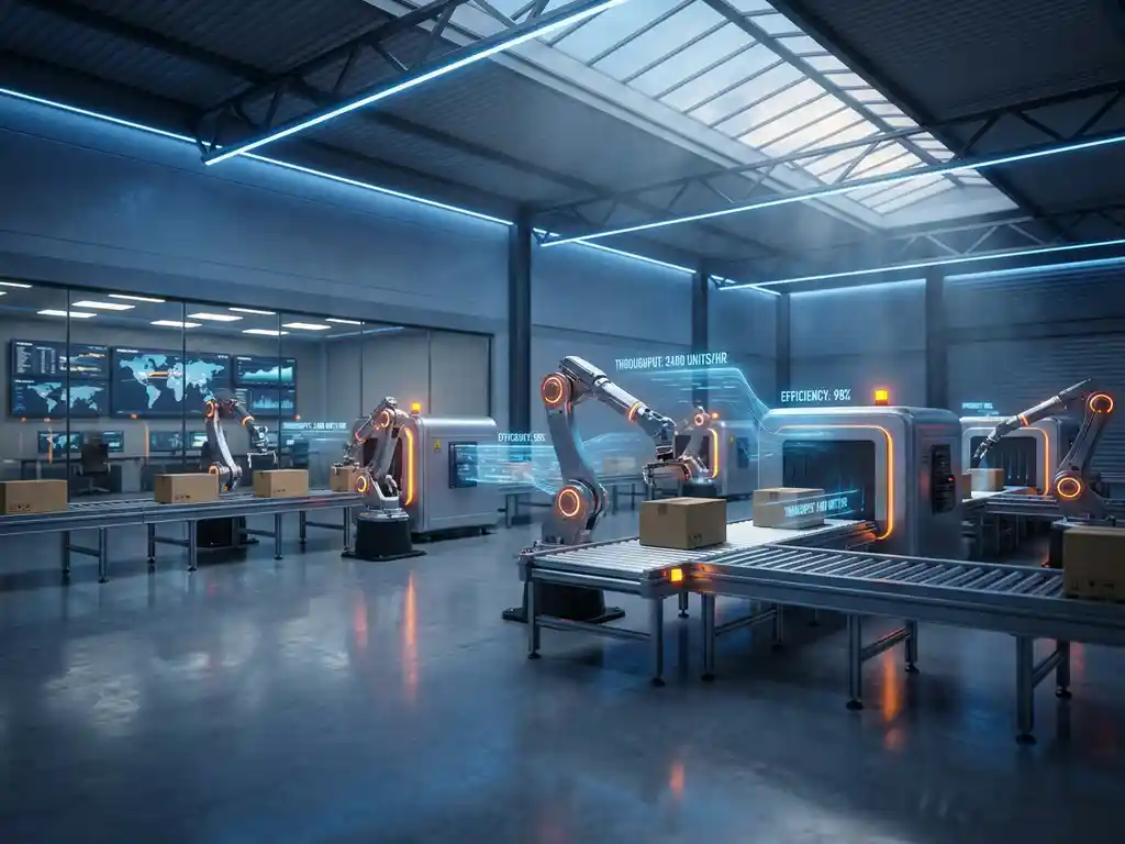 Automated robotic arms placing packages on conveyor belts in modern warehouse with holographic data displays and LED lighting