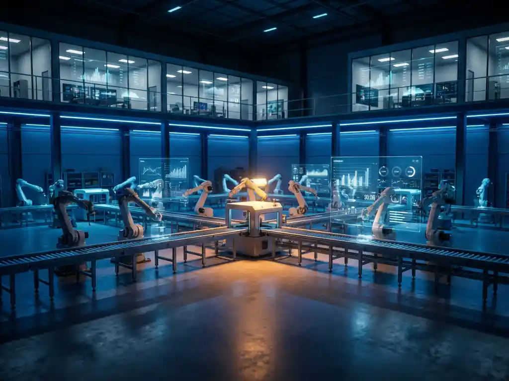 Modern automated warehouse with robotic arms moving packages on conveyor belts under blue ambient lighting and digital displays.