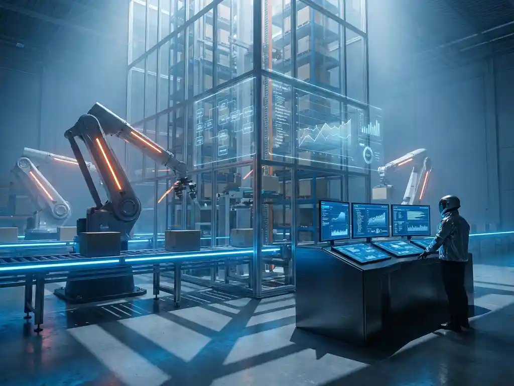 Modern automated warehouse with robotic arms, conveyor belts, AI control terminal, and blue LED lighting on concrete floors.