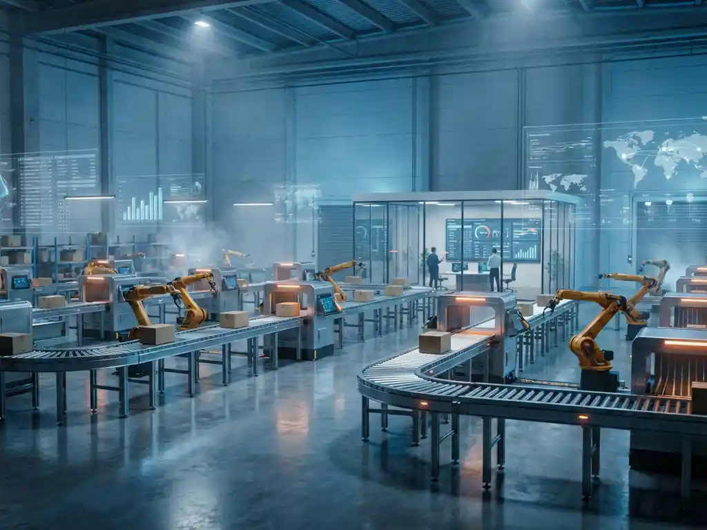 Modern automated warehouse with robotic conveyor systems, blue LED lighting, and holographic data displays above machinery.
