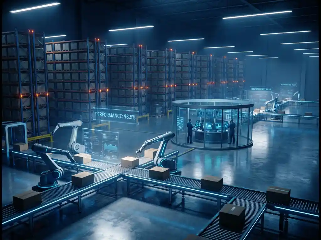 Modern automated warehouse with robotic arms moving packages on conveyor belts, tall storage racks, and blue control screens