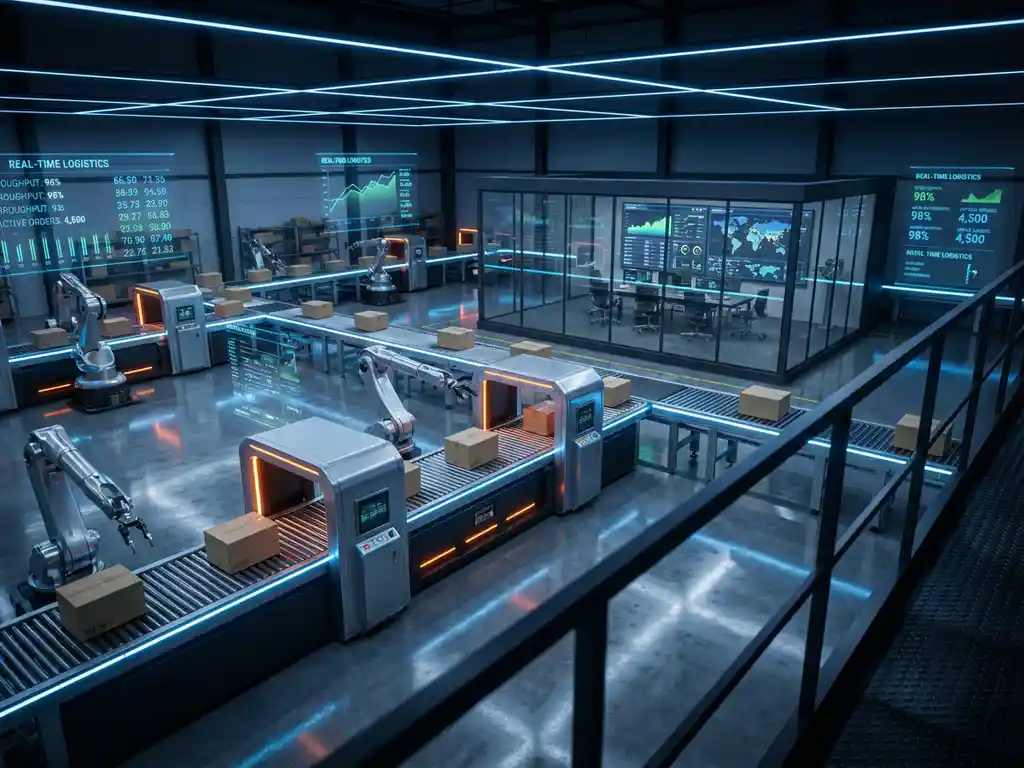 Modern automated warehouse with robotic arms and conveyor systems moving packages, holographic data displays, blue LED lighting
