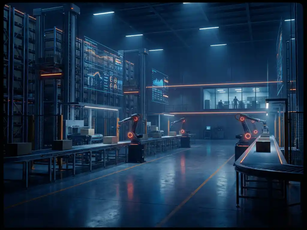 Modern automated warehouse with robotic arms, conveyor belts, holographic data displays, and blue atmospheric lighting