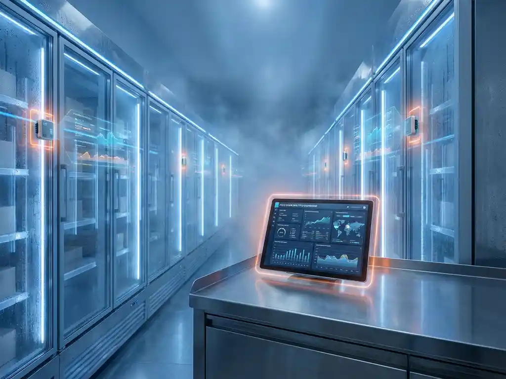 Modern warehouse interior with temperature-controlled storage units, blue LED lighting, and digital tablet showing cold chain data