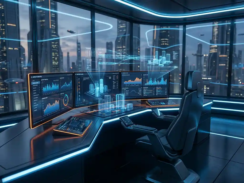 Modern control room with curved monitors displaying analytics and 3D building models, operator chair at central workstation