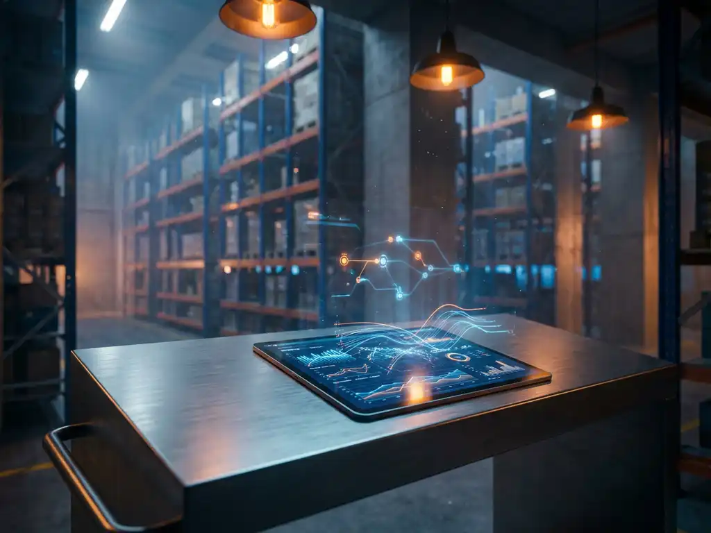Digital tablet displaying supply chain network diagrams with holographic visualization in modern warehouse with blue lighting.