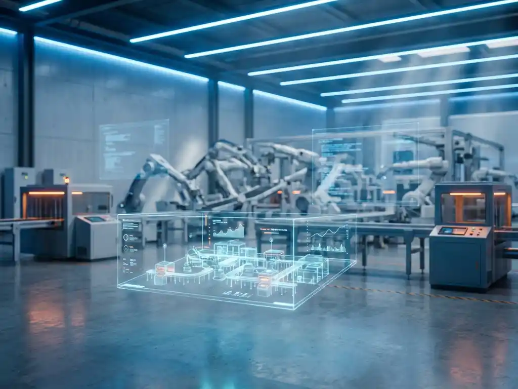 Modern factory floor with robotic assembly lines, holographic data displays, and 3D digital twin projection in blue lighting.