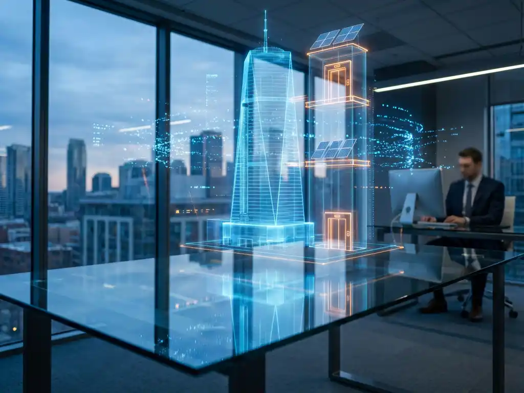 Holographic 3D building model floating above glass desk with digital data streams and blue particle effects in modern office