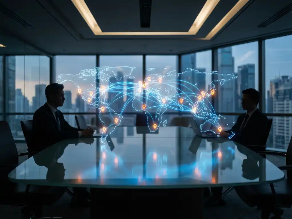 3D holographic supply chain network with glowing blue nodes and data streams floating above conference table in corporate boardroom