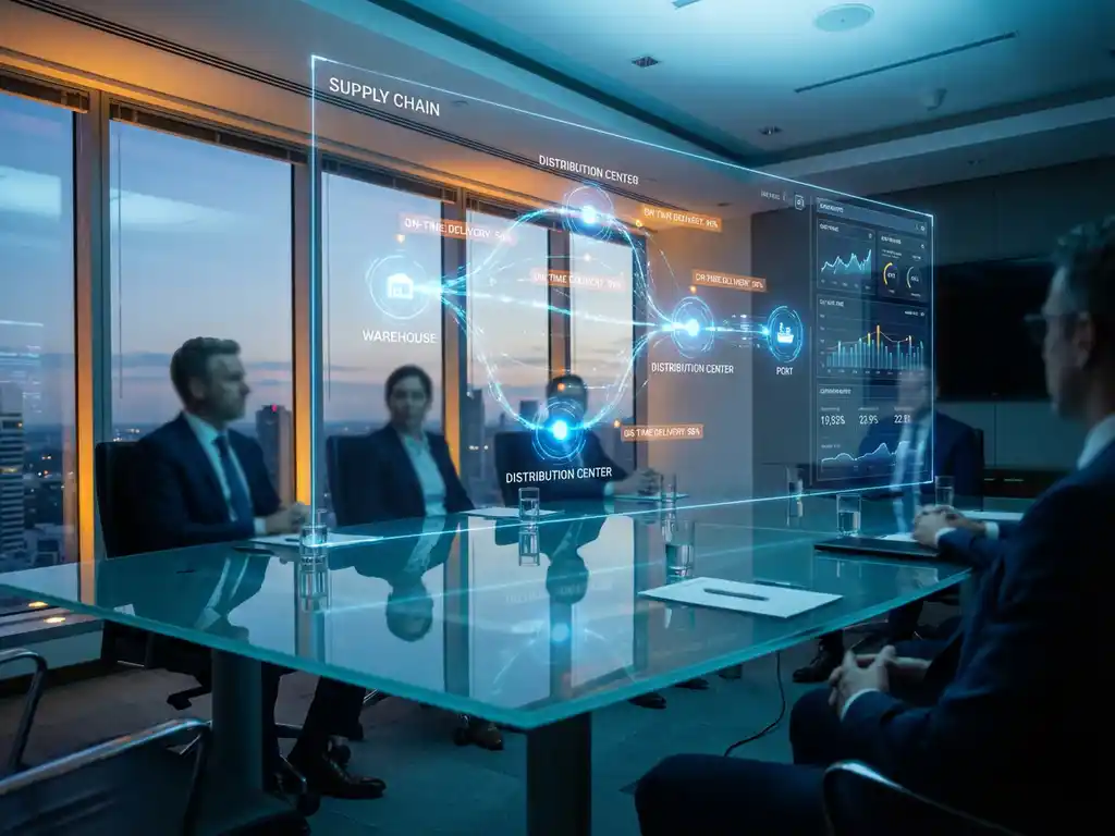 Holographic supply chain network with glowing blue nodes representing warehouses floating above conference table in modern boardroom