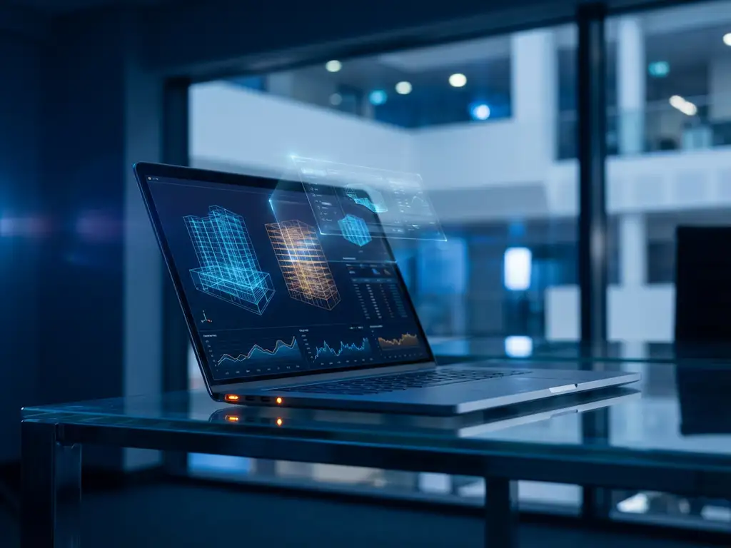 Modern laptop displaying 3D simulation wireframes on glass desk with holographic interface elements and blue ambient lighting