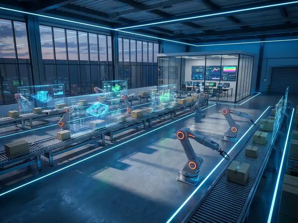 Modern automated warehouse with robotic arms sorting packages on conveyor belts and holographic data displays overhead