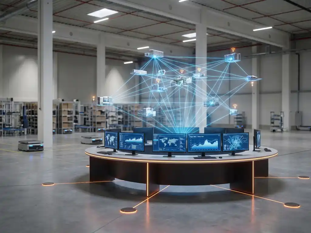 Modern warehouse with holographic supply chain network above control desk showing connected 3D building models and data streams