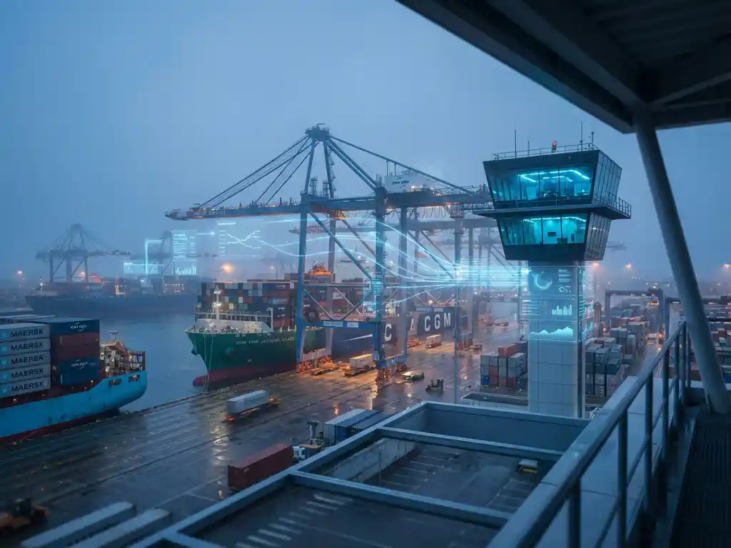 Modern port terminal with container ships, loading cranes, and digital data overlays connecting cargo to control tower
