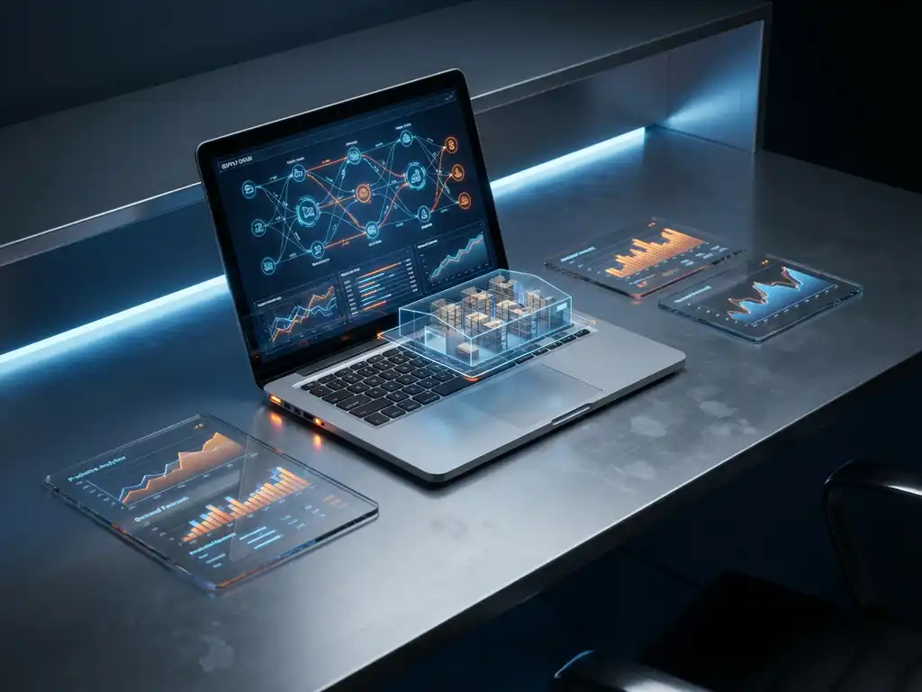Modern office desk with laptop displaying supply chain network diagrams and glass tablets showing analytics charts