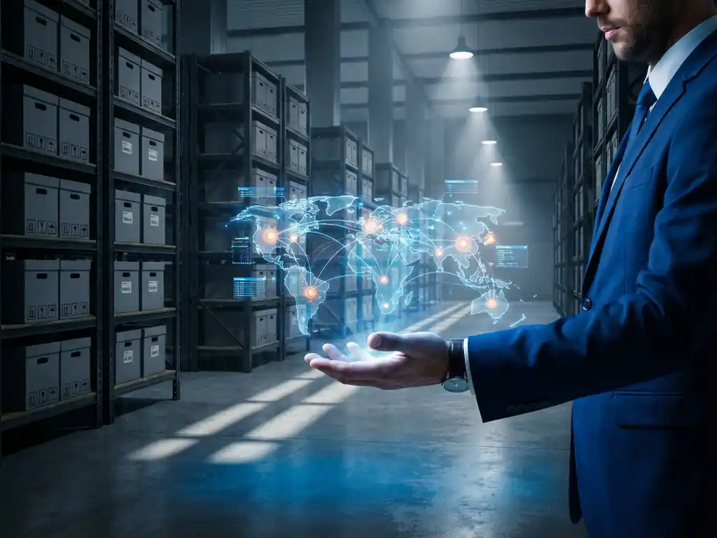 Executive in navy suit displaying holographic supply chain network above hand in modern warehouse with organized inventory shelves