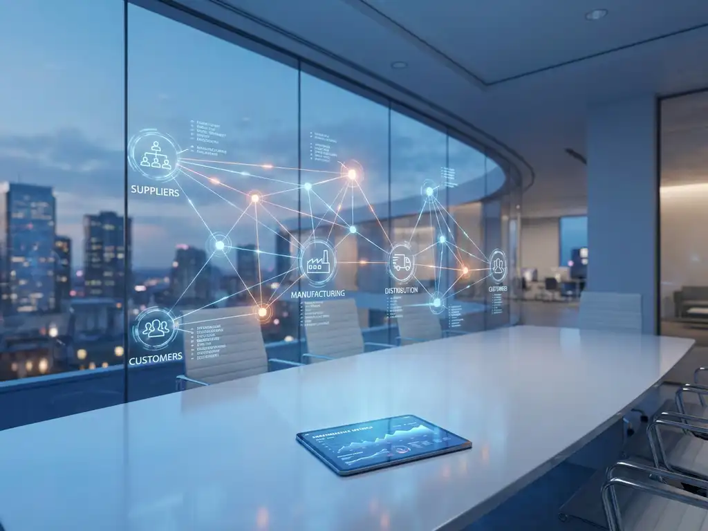 Modern conference room with holographic 3D supply chain network display showing interconnected blue data nodes and tablet
