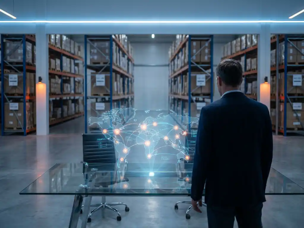 Holographic supply chain network visualization with 3D building models and data streams above conference table in modern warehouse