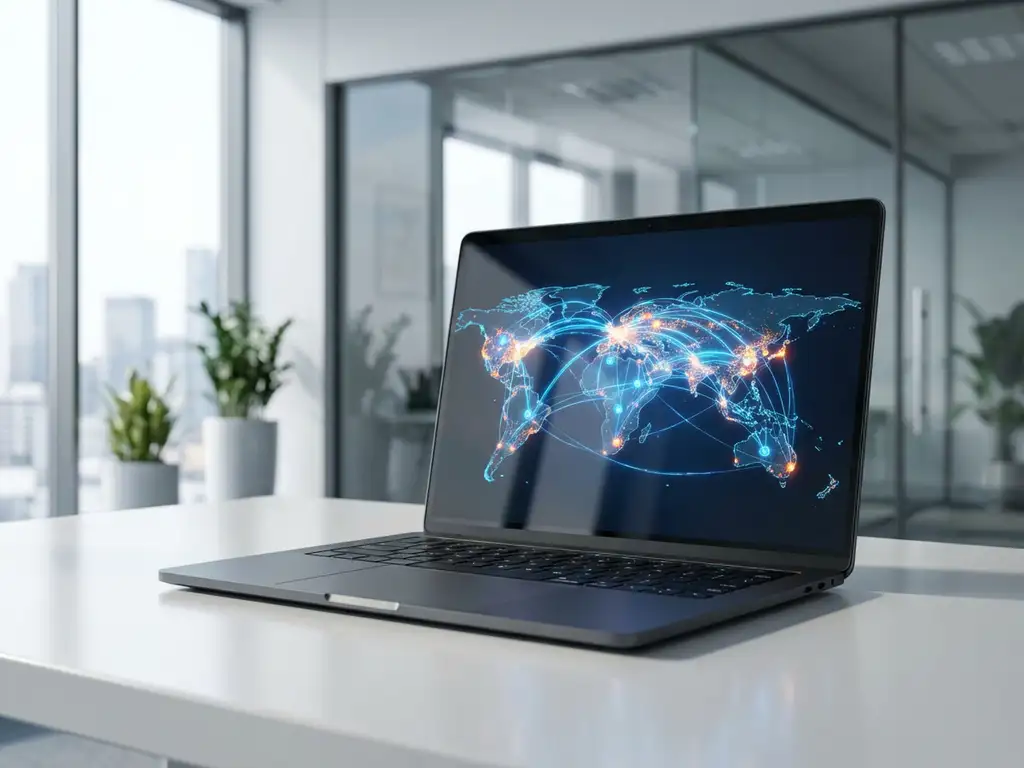 Modern laptop displaying 3D supply chain network visualization with blue data pathways and glowing nodes on office desk