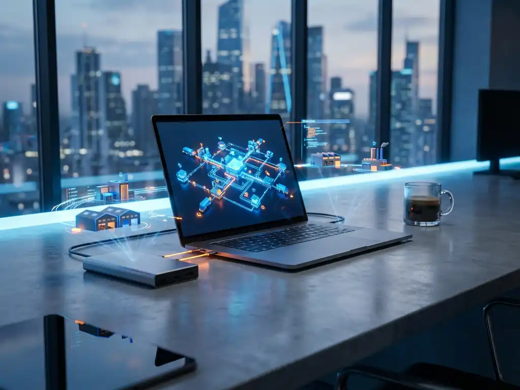 Modern office desk with laptop displaying 3D supply chain network visualization and holographic data streams in blue lighting