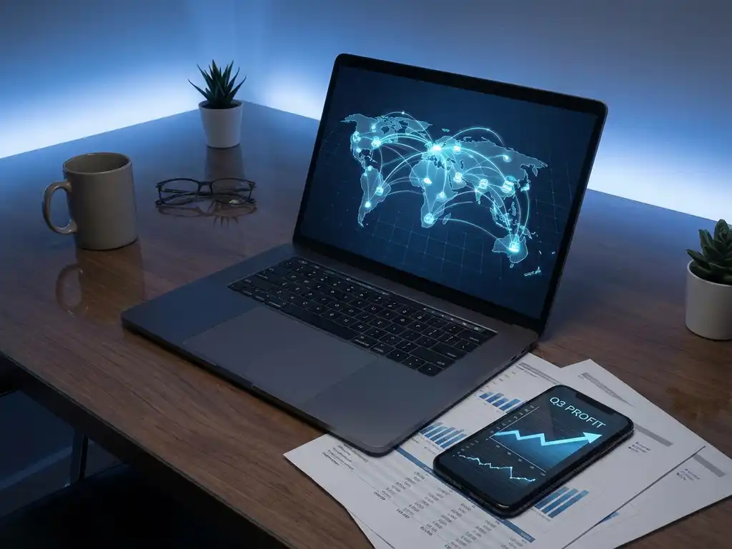 Laptop displaying 3D supply chain network with glowing blue nodes on modern office desk with smartphone showing profit graphs