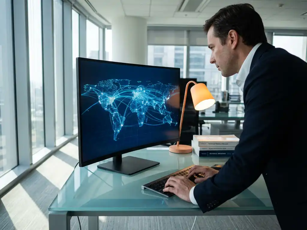 Professional analyzing 3D supply chain network visualization on curved monitor at modern office desk with blue data nodes and light trails