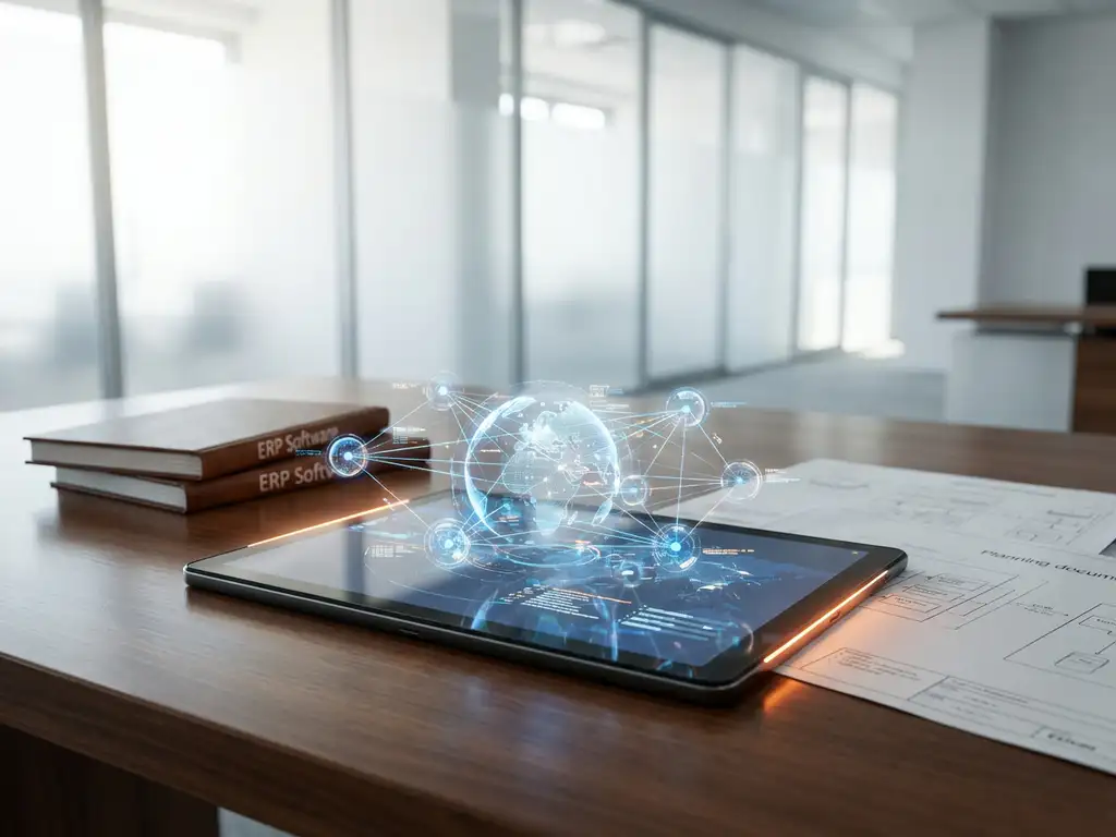 Modern tablet displaying 3D supply chain network visualization on corporate desk beside ERP software manuals and documents.