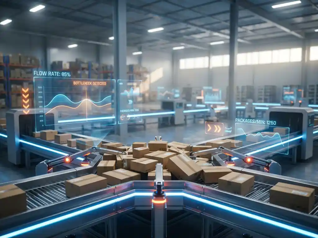 Modern warehouse with robotic conveyor belts creating package bottlenecks, illuminated by blue LED lighting and holographic data displays