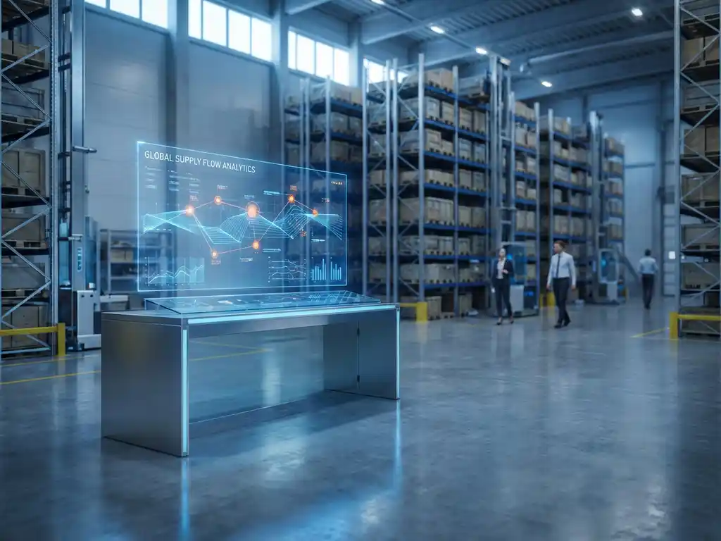 Modern warehouse with automated storage racks and holographic supply chain data visualization above control desk