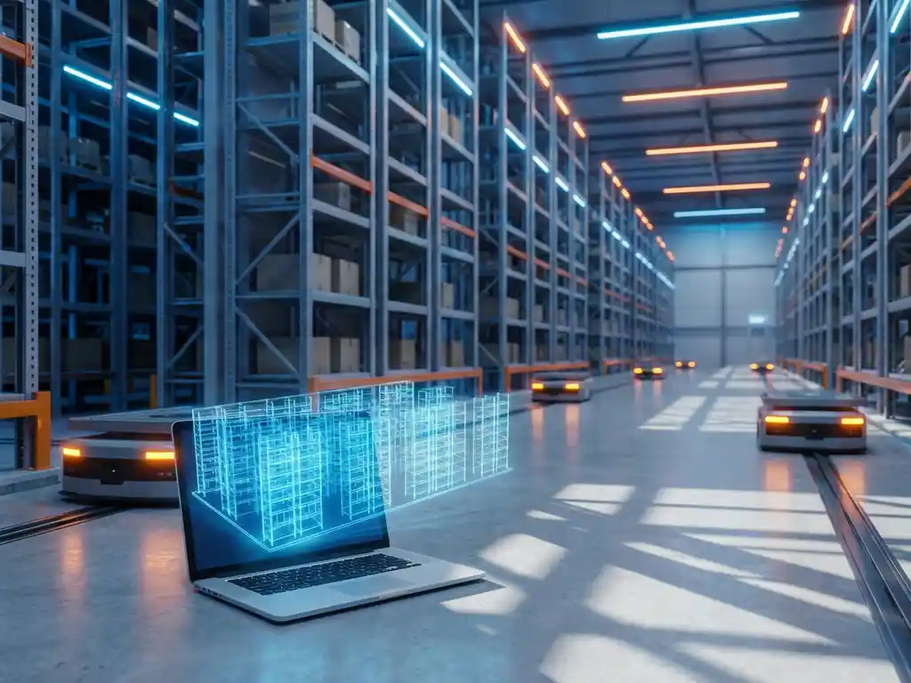 Modern warehouse with holographic 3D model above laptop showing optimized pathways, automated robots on tracks, LED lighting