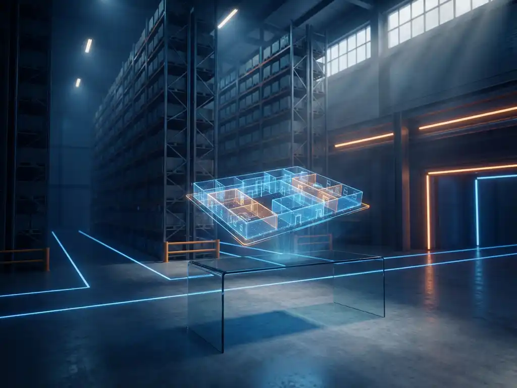 Holographic 3D warehouse layout model floating above glass desk in modern industrial warehouse with metallic storage racks