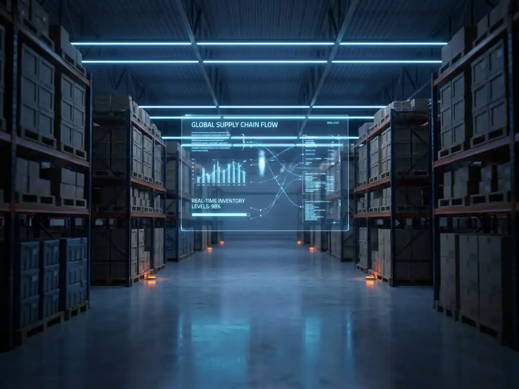 Modern warehouse interior with organized inventory shelves and holographic supply chain data display floating above floor