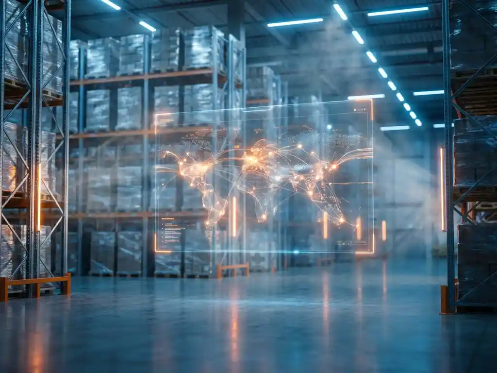 Modern warehouse with floating holographic display showing supply chain network connections amid metallic shelving and blue lighting.