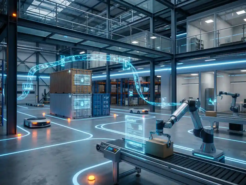 Modern warehouse with holographic blue data streams connecting shipping containers and robotic systems, LED lighting on concrete floors.
