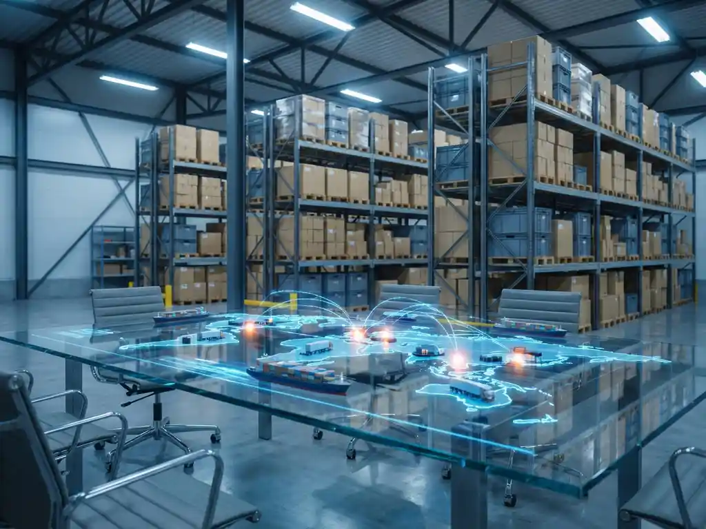 Modern warehouse with holographic supply chain visualization displaying connected trucks, ships, and distribution centers above conference table