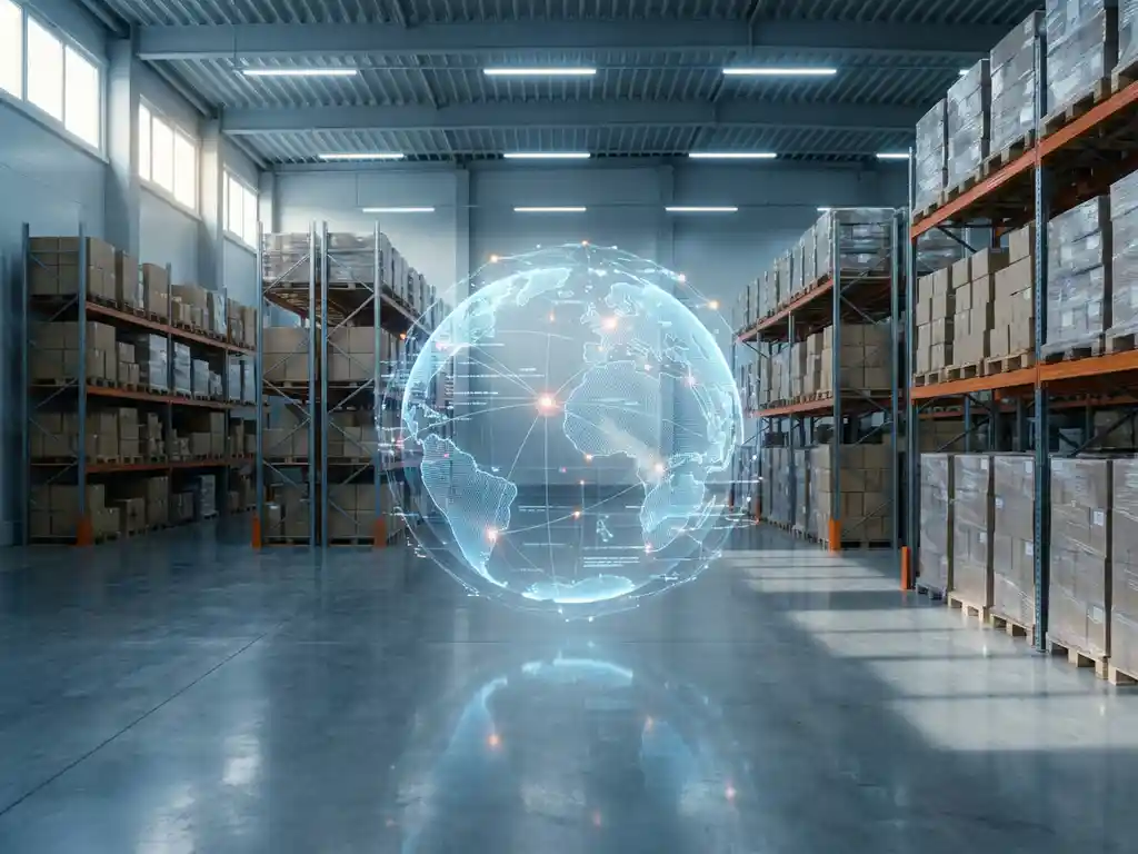 Modern warehouse with holographic 3D supply chain network visualization floating above shelves, showing blue data streams and connection nodes