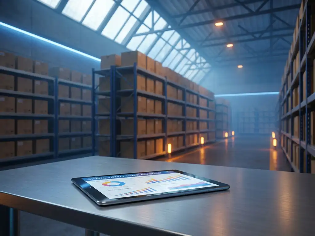 Tablet displaying supply chain analytics on steel desk in modern warehouse with organized inventory shelves and blue lighting.