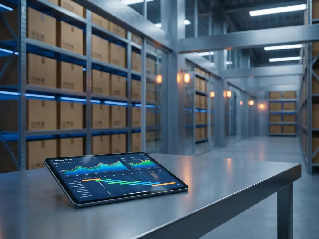 Digital tablet displaying supply chain analytics on steel desk in modern warehouse with organized inventory shelves and LED lighting.