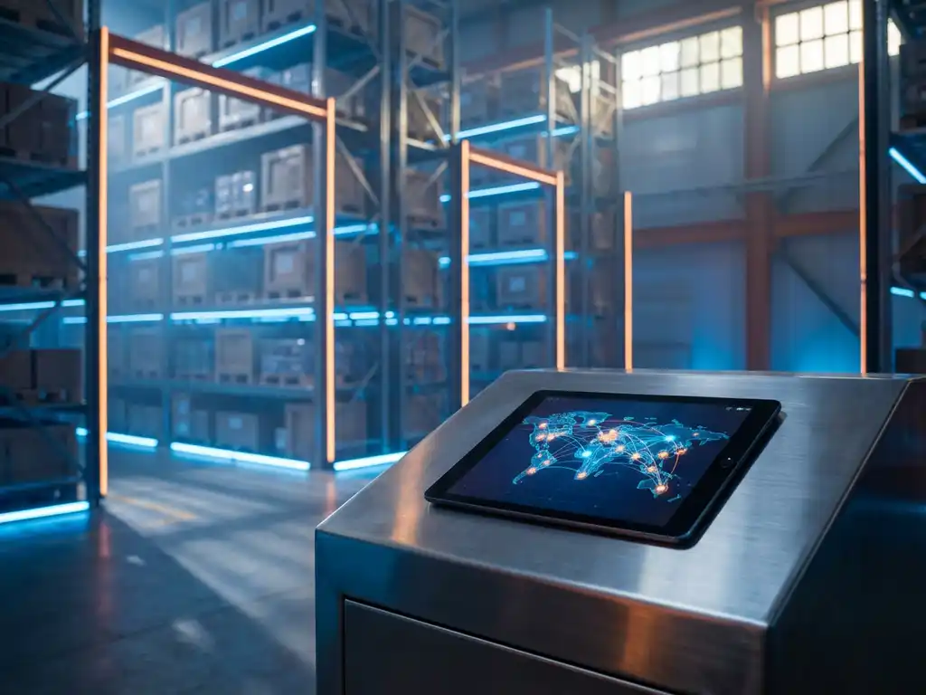 Tablet displaying 3D supply chain network visualization on steel desk in modern warehouse with metallic shelving and LED lighting.