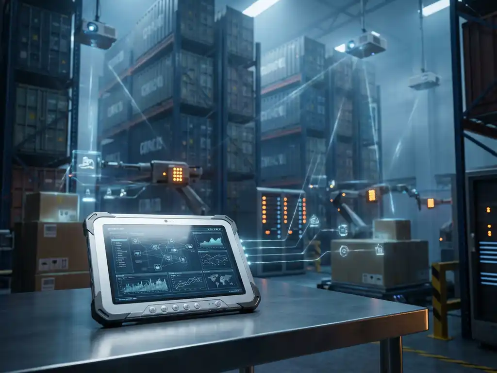 Tablet displaying supply chain data visualizations on steel desk in modern warehouse with blue lighting and metal shelving units.