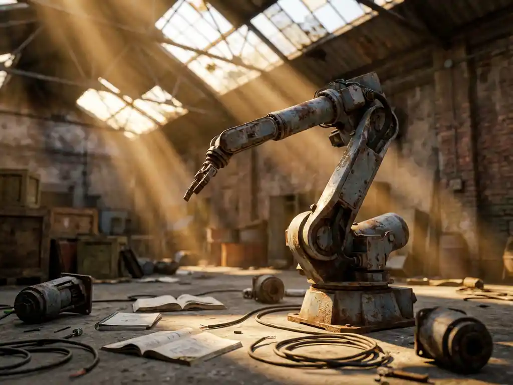 Weathered industrial robot arm frozen mid-motion in abandoned warehouse with golden sunlight streaming through broken skylights