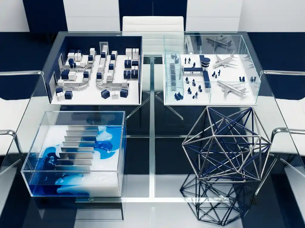 Four business models on glass conference table: miniature warehouse, airport terminal with figurines, acrylic box with flowing liquids, and geometric wireframe structure in symmetrical arrangement