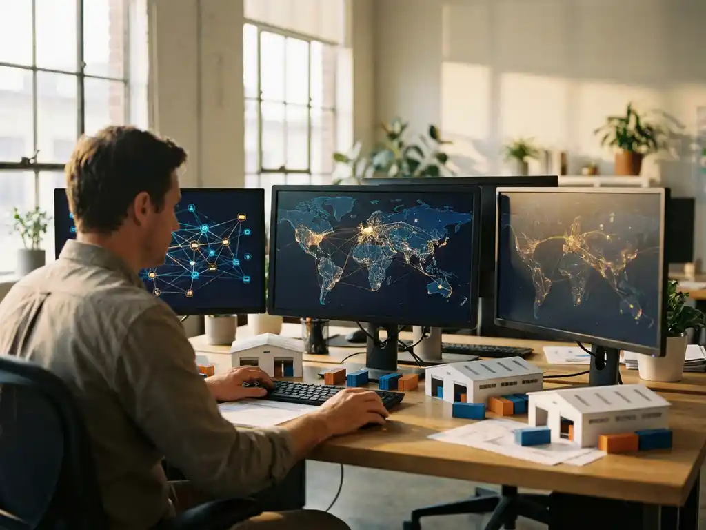 Logistics manager analyzing colorful supply chain network diagrams on multiple computer screens with miniature warehouse models and shipping containers on desk