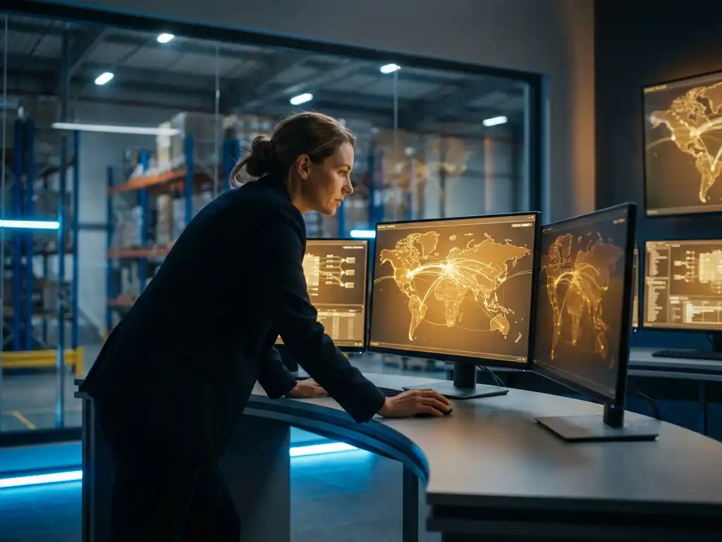 Logistics manager analyzing real-time global supply chain data on multiple monitors in modern warehouse control room