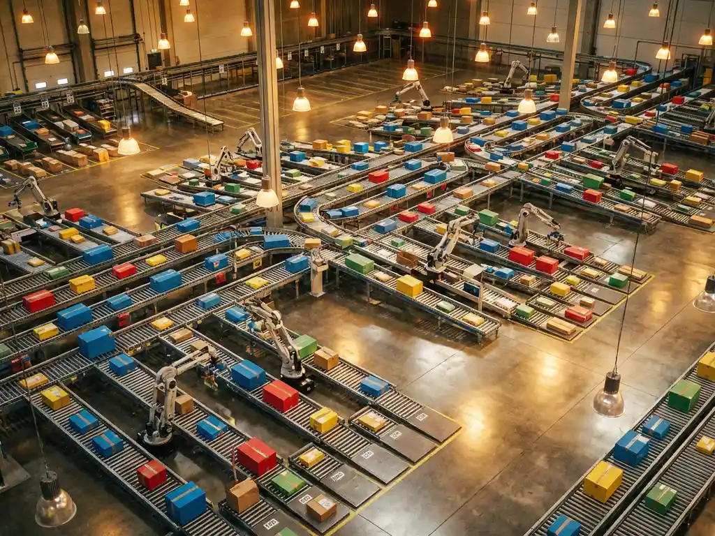 Warehouse floor with conveyor belts transporting colorful packages and robotic arms sorting items into organized zones