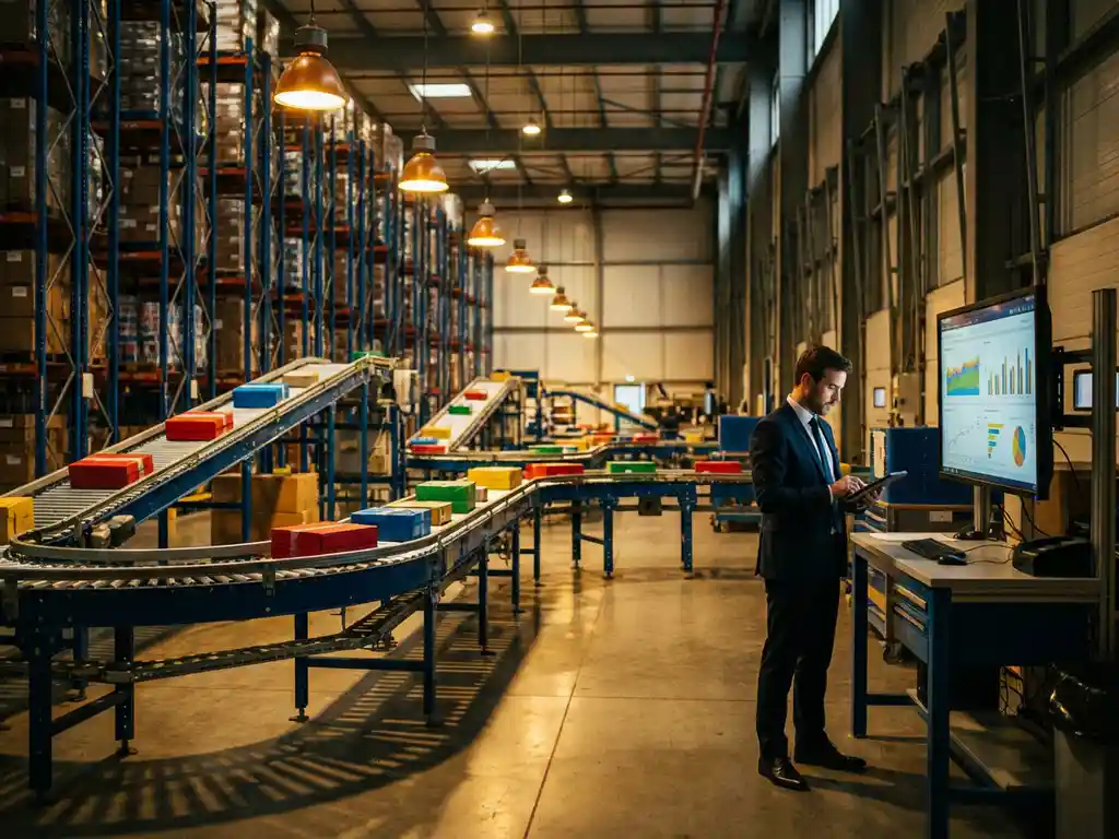 Manager analyzing logistics data on monitor while conveyor belts transport packages through warehouse with tall storage racks