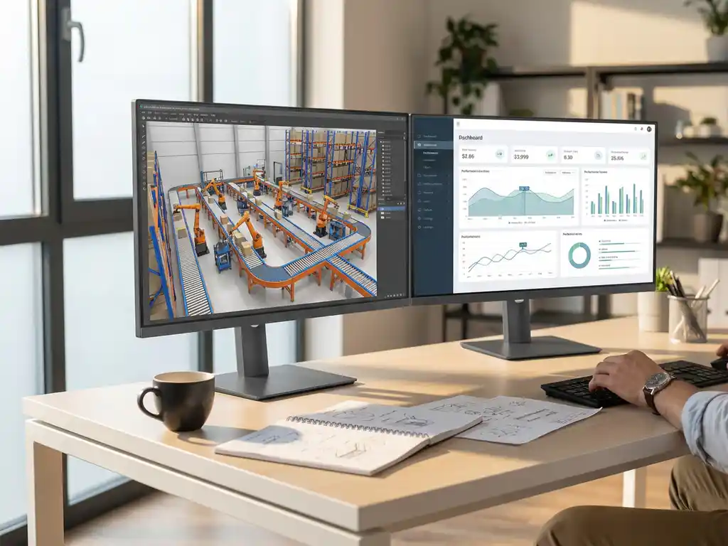 Dual monitors displaying warehouse simulation software and performance dashboard on modern white desk with engineering notebooks and coffee cup